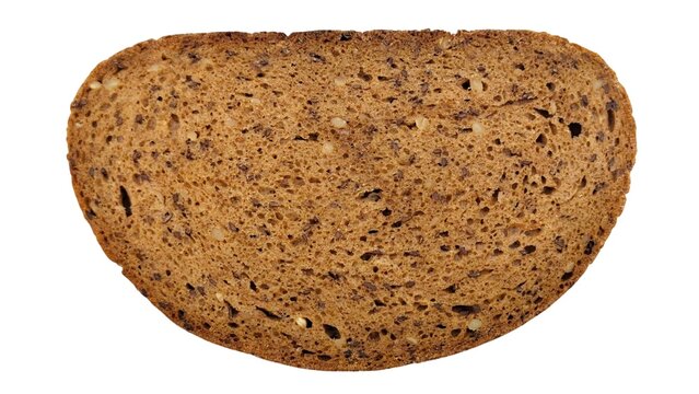 Photo of a sliced German-style multiseed whole grain bread, isolated on white background.