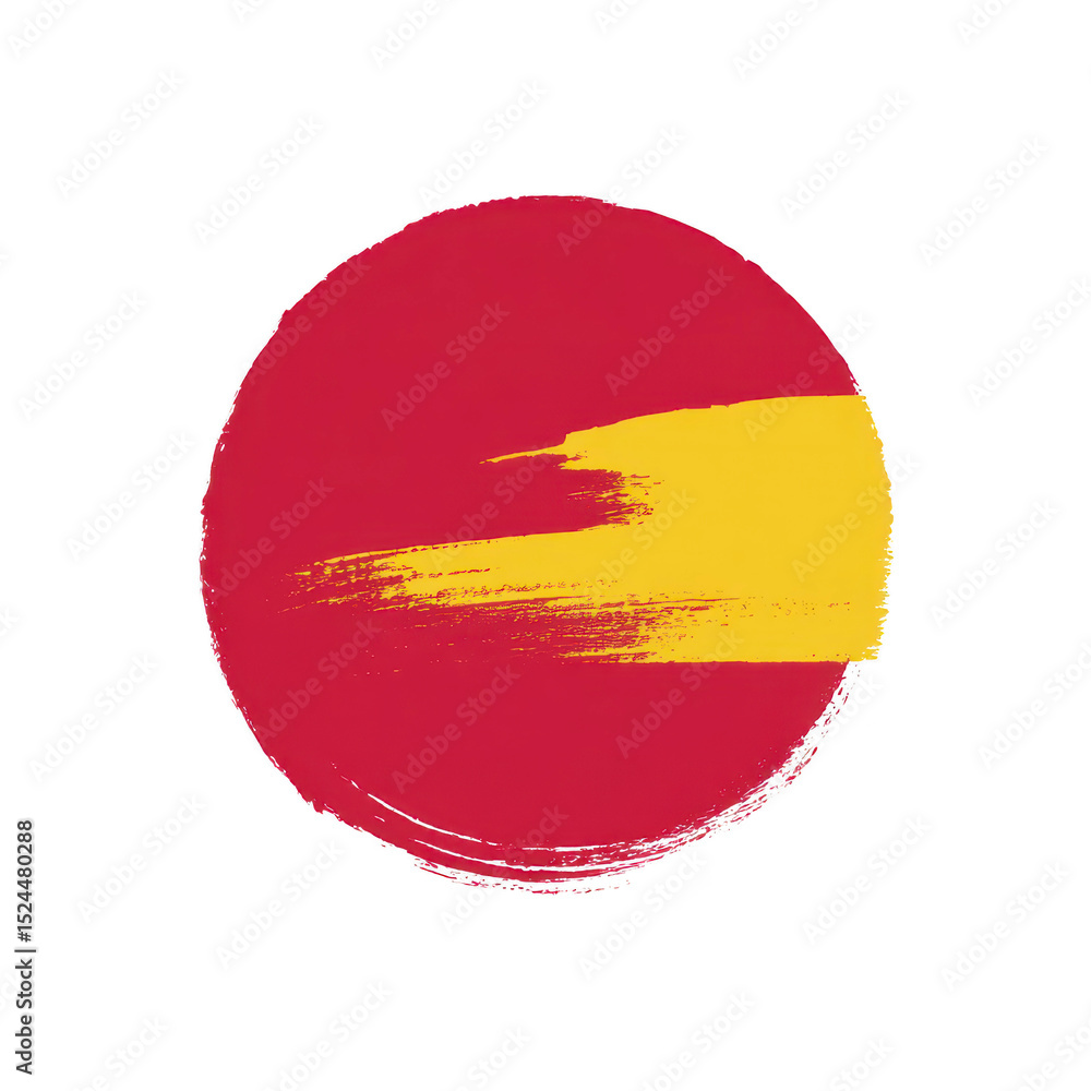 Poster red circle with bold yellow brushstroke across it creates striking abstract design, evoking sense of