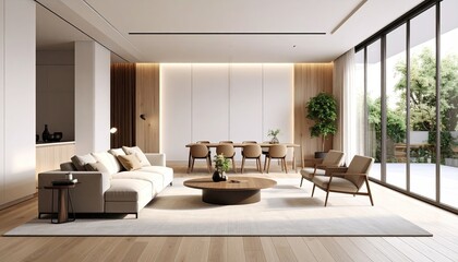 Modern Minimalist Living Room Design: Open-Plan Luxury Interior with Neutral Palette and Natural Light