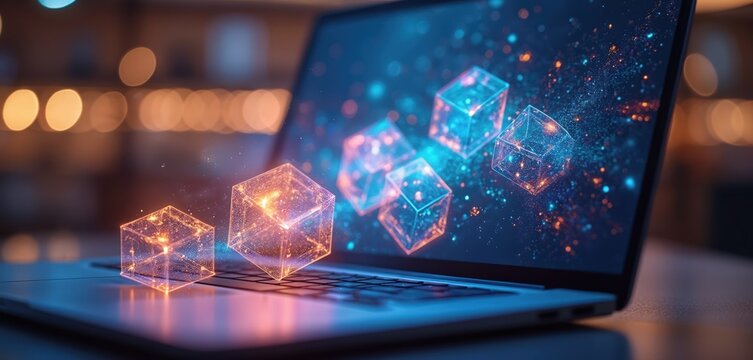 Illustration of laptop with data cubes. Digital inventory stock tracking solutions for product control. Technology concept for sales, inventory management. Digital transformation, business data