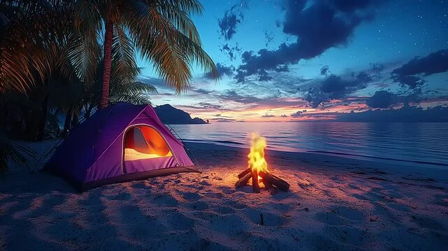 Purple tent on a sandy beach at sunset with a bonfire