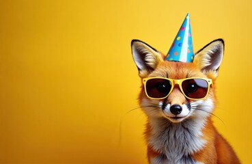 Cute red fox wears party hat sunglasses on bright yellow background. Adorable animal celebrates birthday, joyful event. Perfect for greeting cards invitations celebration.