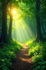Fototapeta premium Sun-dappled path meanders through a lush, green forest, sunlight filtering through leaves creating a magical atmosphere Perfect for travel, nature, or fantasy themes , branches, sunbeams