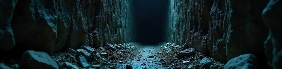 A dark, narrow passage descends steeply into an unseen abyss, littered with debris and ominous shadows; a visual metaphor for a perilous and inescapable situation , danger, unease