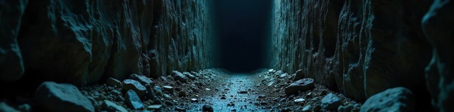 A dark, narrow passage descends steeply into an unseen abyss, littered with debris and ominous shadows; a visual metaphor for a perilous and inescapable situation , danger, unease