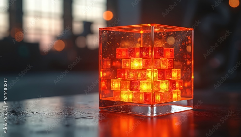 Poster abstract digital art features glowing cube made of smaller cubes, emits warm orange light. glass cub