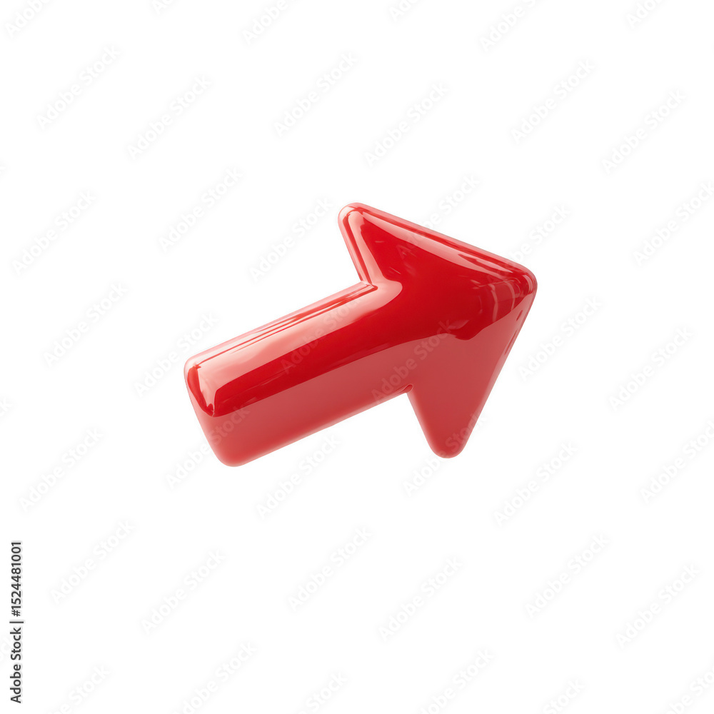 Poster shiny red 3d arrow pointing upwards and to right, isolated on transparency background. arrow has glo