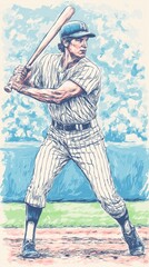Vintage Baseball Player Illustration: Classic Batting Stance Art in Softball and Retro Sports Design