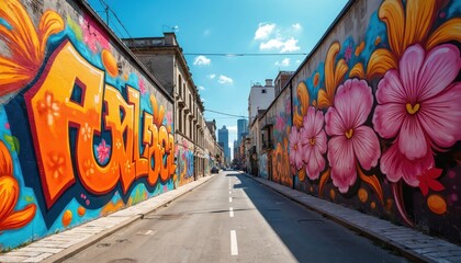 Naklejka premium Urban graffiti art on building walls with flowers and abstract art. Street art in a city downtown on sunny day. Beautiful creative illustration in summer style on a buildings.