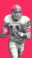Dynamic Gridiron Athlete in Motion: Vintage Art of Legendary Football Quarterback Running with Ball