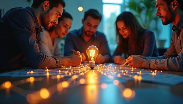 Startup team brainstorms around table, illuminated lightbulb. Innovation, tech, digital planning, teamwork concept. Creative business meeting, brainstorming, strategy session.