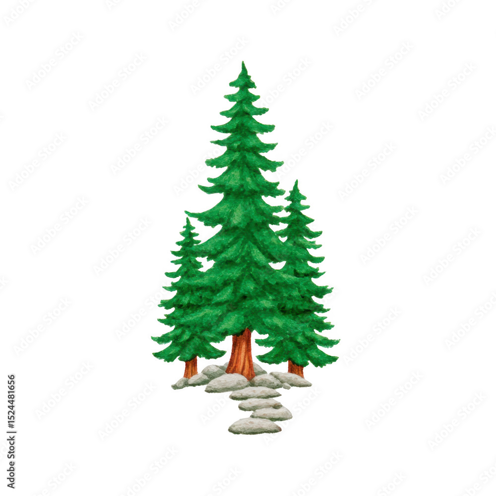 Aufkleber three tall evergreen trees stand together, surrounded by cluster of gray rocks, creating serene and 