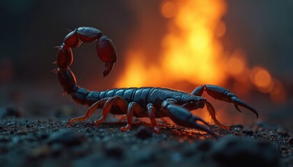 Scorpion stands before fire background. Fiery flames, burning heat create dark atmosphere, dangerous wildlife creature. Intense orange, yellow colors, vibrant color image, symbol of Scorpio zodiac