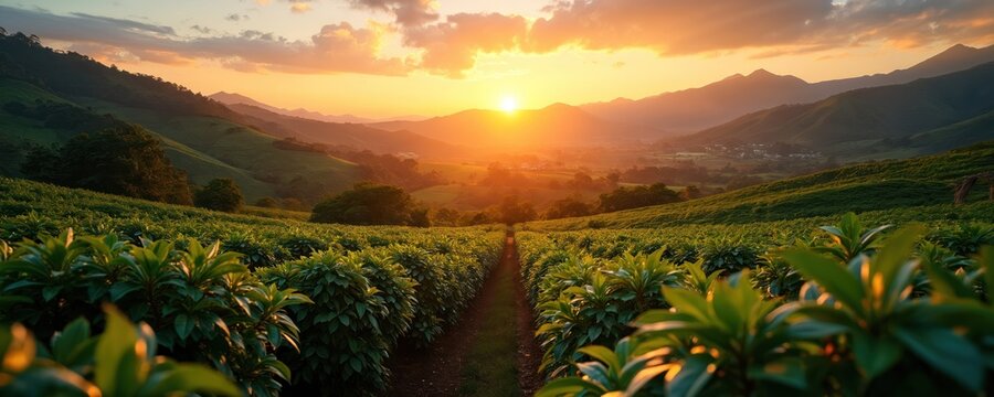 Sunrise illuminates rich coffee plantation. Rolling hills, golden light, peaceful atmosphere, ideal for travel, tourism, harvest, farming. Central American landscape, idyllic rural scenery. Beautiful