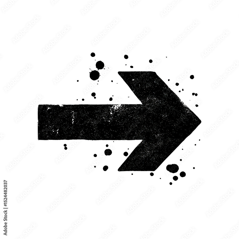 Poster grunge style black arrow pointing to right with splatter effects on transparent background. this des