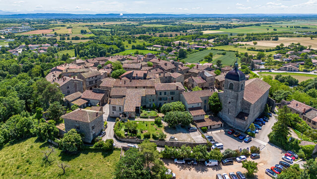 Aerial view of the medieval walled town of P&eacute;rouges in the French department of Ain near Lyon in the Auvergne-Rh&ocirc;ne-Alpes region, France