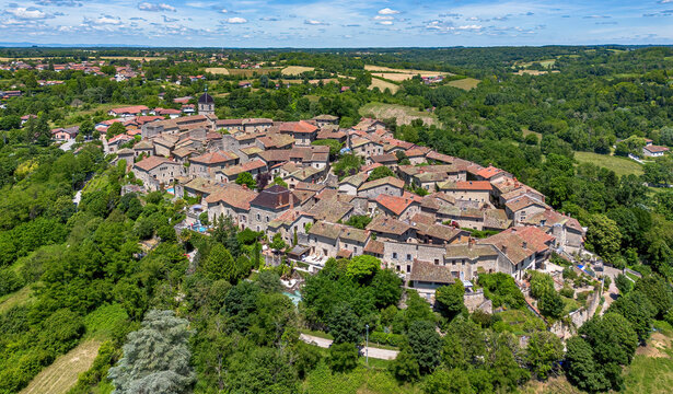 Aerial view of the medieval walled town of P&eacute;rouges in the French department of Ain near Lyon in the Auvergne-Rh&ocirc;ne-Alpes region, France