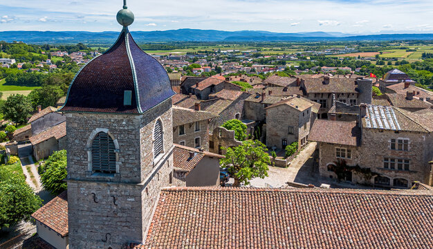 Aerial view of the Church-Fortress of Saint Mary Magdalene of P&eacute;rouges in the French department of Ain near Lyon in the Auvergne-Rh&ocirc;ne-Alpes region, France