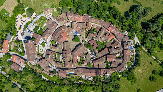 Top view of the medieval walled town of P&Atilde;&copy;rouges in the French department of Ain near Lyon in the Auvergne-Rh&Atilde;&acute;ne-Alpes region, France