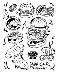 Burger illustration using hand drawing style . This pack you can see the beautiful shape and object , its very good to your brand and design.