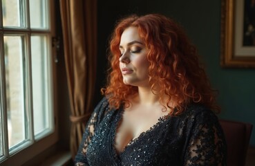 Fototapeta premium Elegant woman in contemplative pose near window. Generative AI image. Beauty, grace, serene mood, soft light, shadow. Stylish coiffure, make-up, black dress. Interior, natural light, peaceful