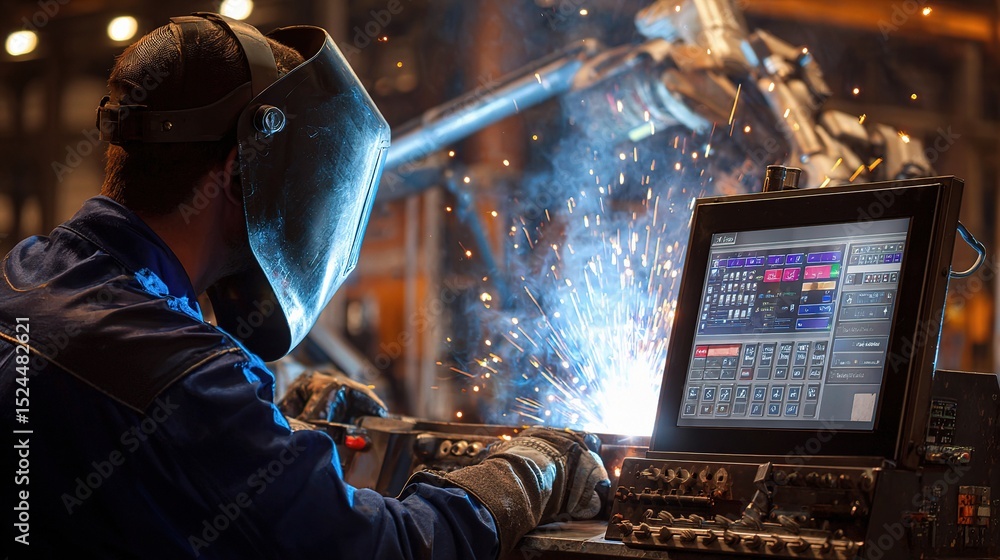 Poster robotic welder in action with engine and control panel display