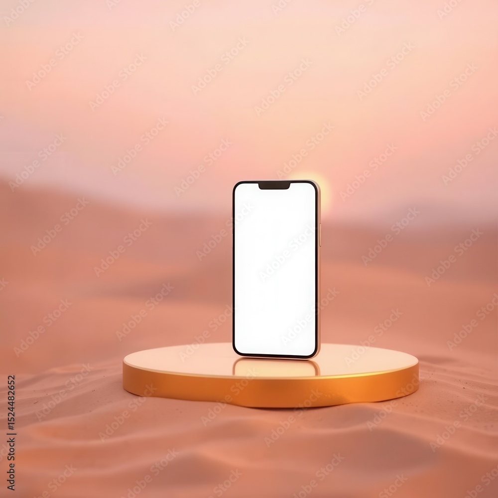 Poster smartphone display on a gold pedestal in desert setting. ideal mockup for presenting mobile applicat