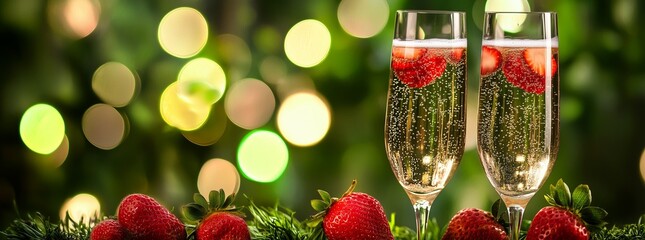 Spring Champagne with Strawberries &ndash; Banner with Green Bokeh Background

