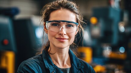 Portrait of Female CNC Operator Wearing Safety Glasses in Workshop