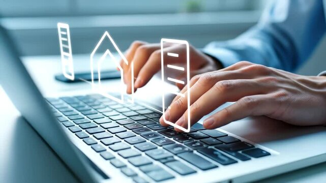 Real Estate Agent Using Laptop with Digital House and Document Icons. PropTech Solutions for Online Property Search, Virtual Tours, and Smart Home Management. 4K Video Animation, Close-up.