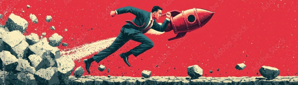 Poster entrepreneur leaping over broken bridge to launchpad with rocket boost in dynamic business concept i