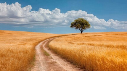 Fototapeta premium A 4K photo of summer Wheat Field with Dirt Road and Lone Tree Under Blue Sky.