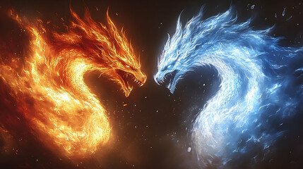 Fire dragon and ice dragon face each other, elemental powers clash in a fantastical, symmetrical composition