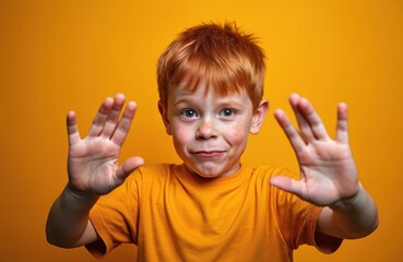Expressive boy imitates animals gestures hands, orange t-shirt yellow background. Child smiles happy, joyful portrait. Fun childhood. Red hair and freckles create funny cute look.