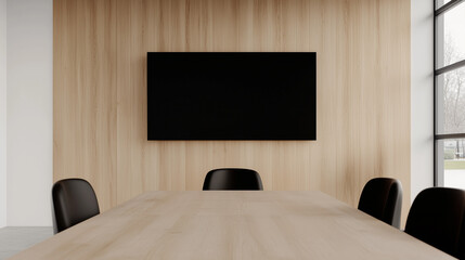 Modern conference room with wooden paneling and large screen  