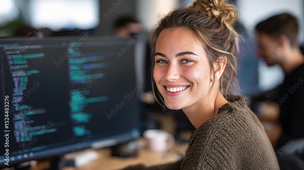 Poster young woman smiling while coding at computer desk in office setting