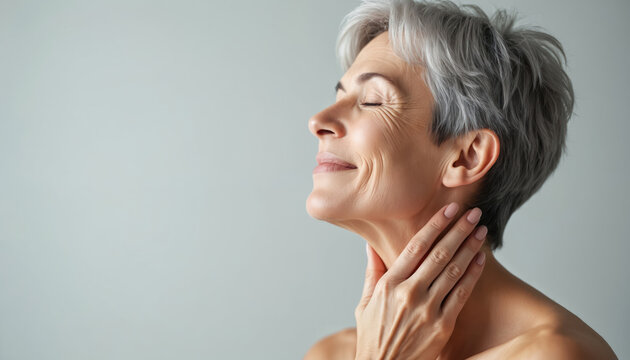 Middle-aged woman tenderly touches neck, soft skin. Side portrait of elderly lady with grey hair, eyes closed. Anti-ageing skincare treatment. Female beauty health concept. Enjoying fresh face.