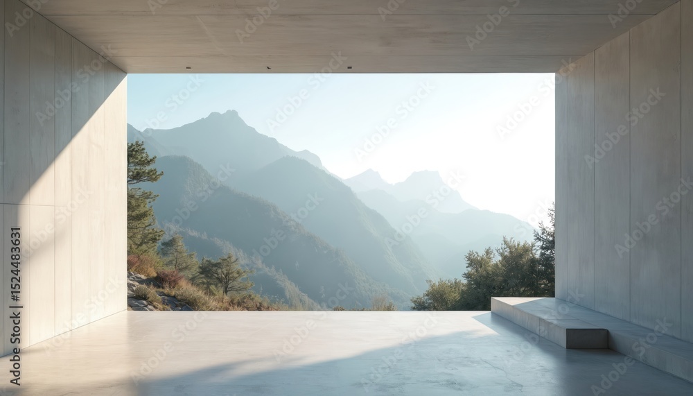 Poster modern concrete architecture interior with mountain view. minimalist open space with panoramic windo