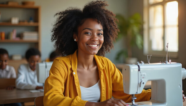 Young black woman smiles during sewing machine class. Smiling woman in workshop, learning fashion design with students. Tailoring skills workshop for entrepreneurs, creative hobby.