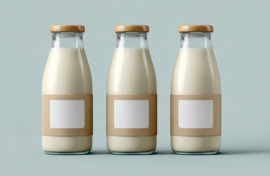 A 4K photo of three blank glass milk bottles with white labels on the front, light brown caps, isolated on a solid background mockup template, in a minimalist style.