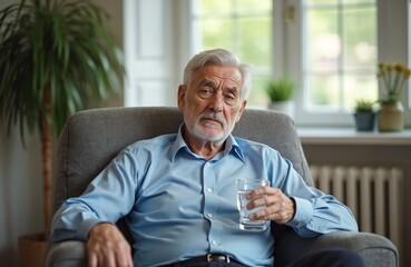 Obraz na płótnie Canvas Serious senior man sits in armchair, holding glass water. Elderly person with grey hair, beard. Looks at camera, home living-room interior. Medicine, healthcare concept.
