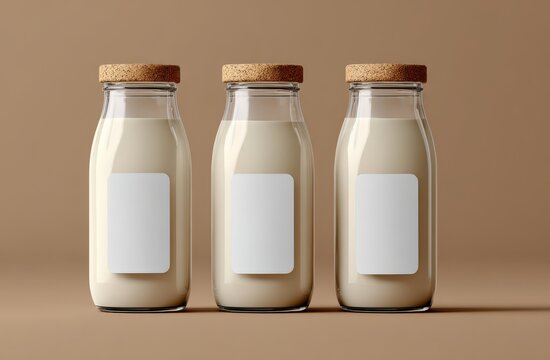 A 4K photo of three blank glass milk bottles with white labels on the front, light brown caps, isolated on a solid background mockup template, in a minimalist style. - Powered by Adobe