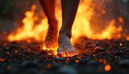 Human feet walk fire. Hot burning flames surround. Image represents courage, power, defiance. Challenge, extreme, risk, strength. Concept of human spirit, adventure. Metaphor for overcoming