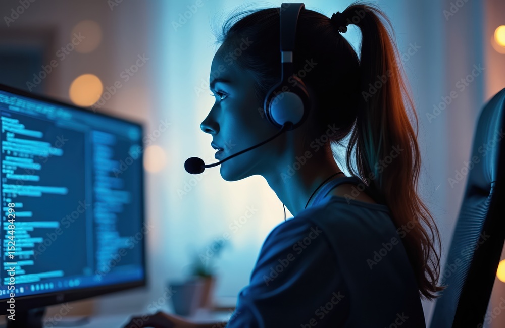 Leinwandbilder young woman in headset works with code on computer screen in modern office. programmer, developer at