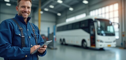 Smiling mechanic serviceman with digital tablet near bus in garage. Auto repair service, bus maintenance. Transportation tech vehicle diagnostics. Smiling worker at auto workshop interior.