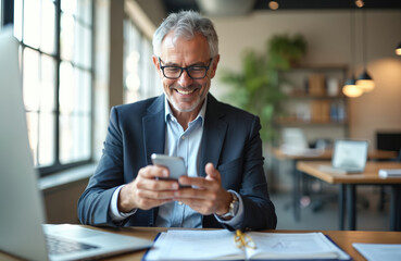 Happy middle aged businessman using mobile phone. Smiling 50 years old man executive holding smartphone making online bank transaction payment in app, at office desk.