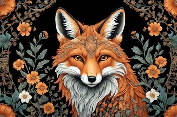 Obraz premium Intricate fox illustration surrounded by floral elements on a dark background