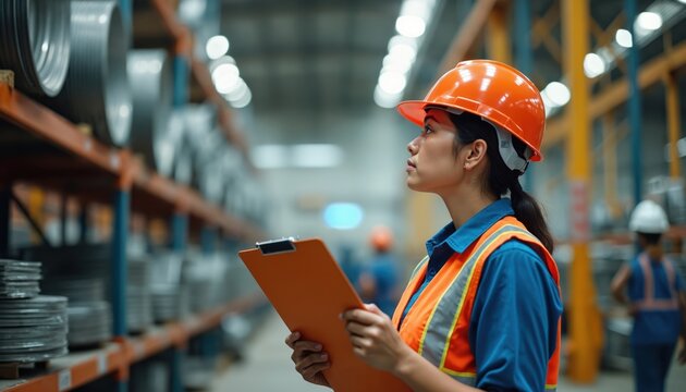 Young hispanic latina woman industry worker in uniform, orange helmet, holding clipboard, checking stock of steel metal at manufacturing factory. Worker checks inventory, quality control in