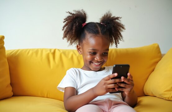 Smiling toddler girl, african american, uses smartphone while sitting on sofa. Adorable child with modern mobile device. Happy kid with gadget, enjoys tech at home.