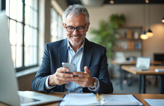 Happy middle aged businessman using mobile phone. Smiling 50 years old man executive holding smartphone making online bank transaction payment in app, at office desk.